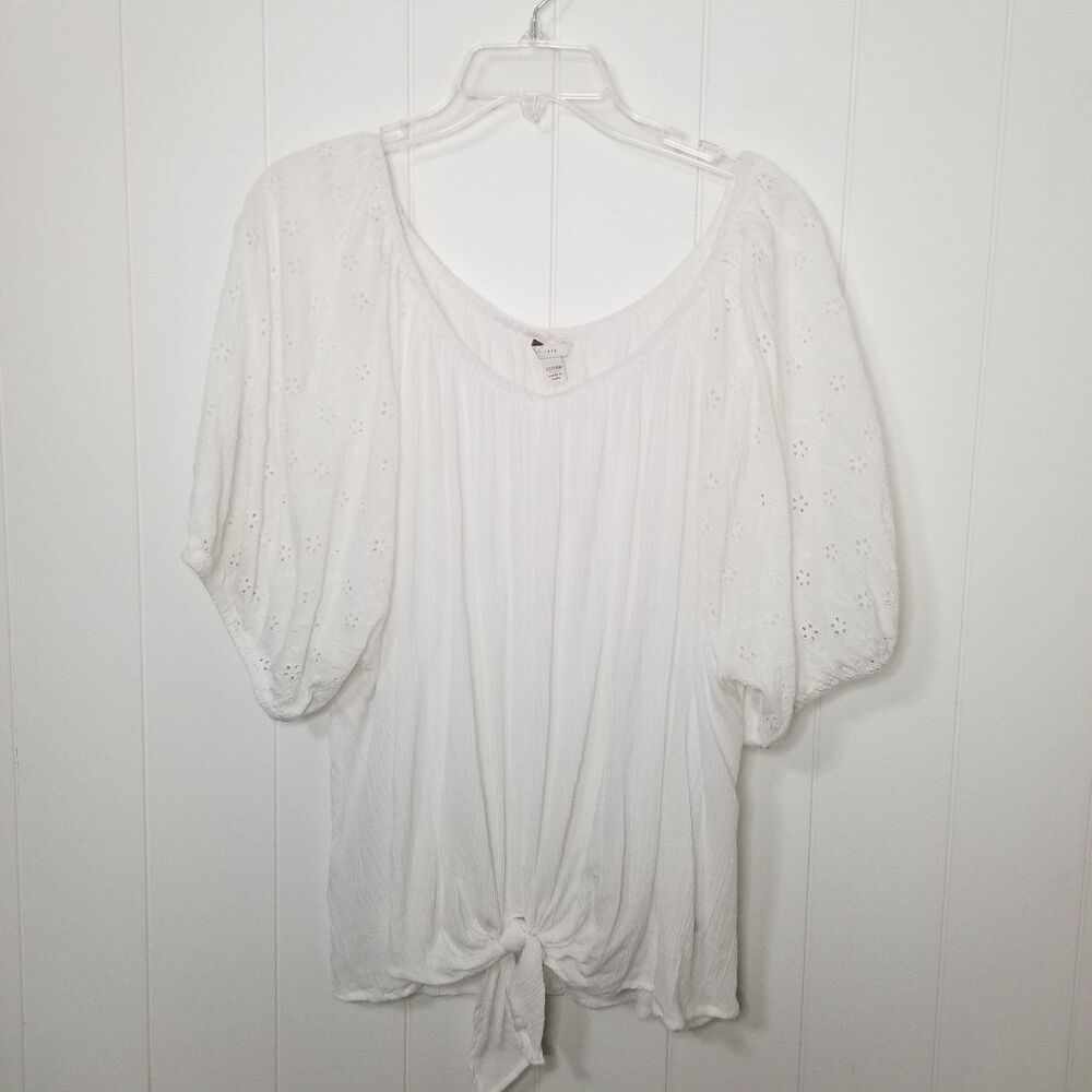 Est. 1948 Top Women's Plus 22/24W White Puff Sleeve Tie Front Summer
